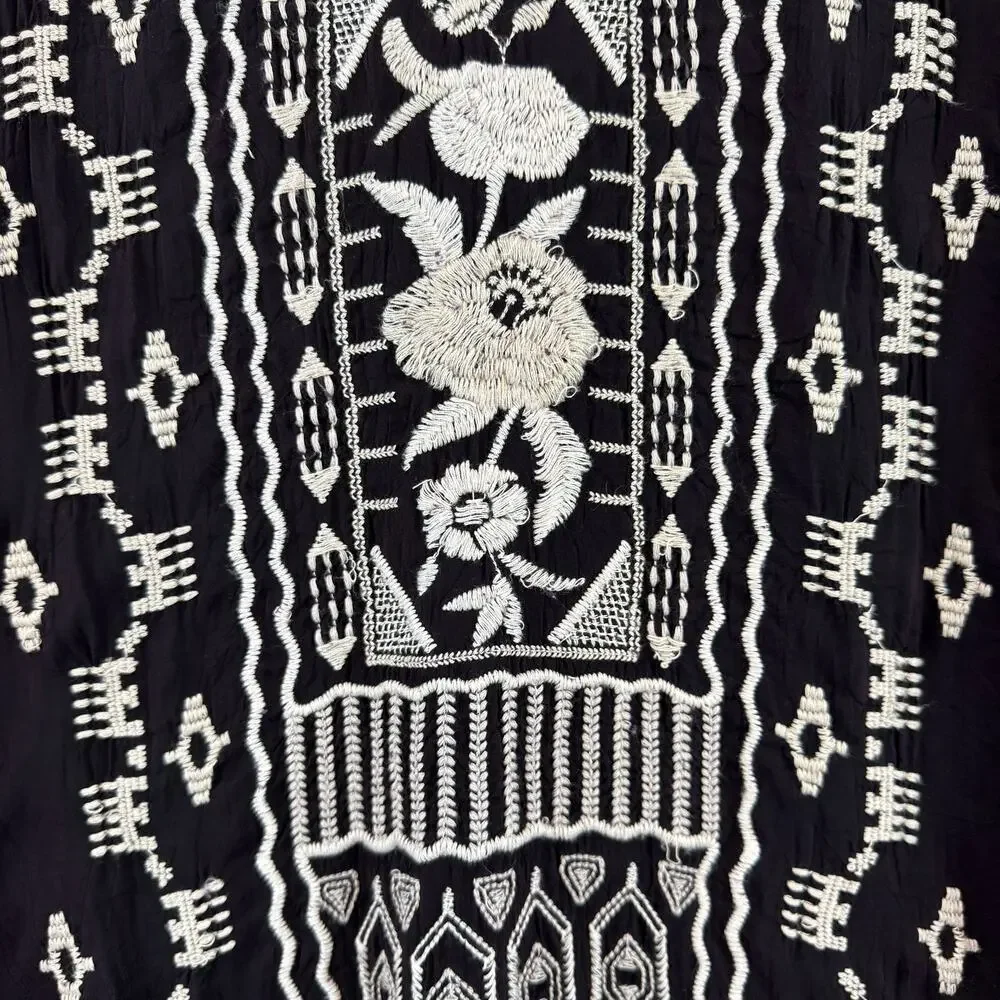 Johnny Was Dark Purple Embroidered 3/4 Sleeve Tunic Boho Cupra Cotton Size Small